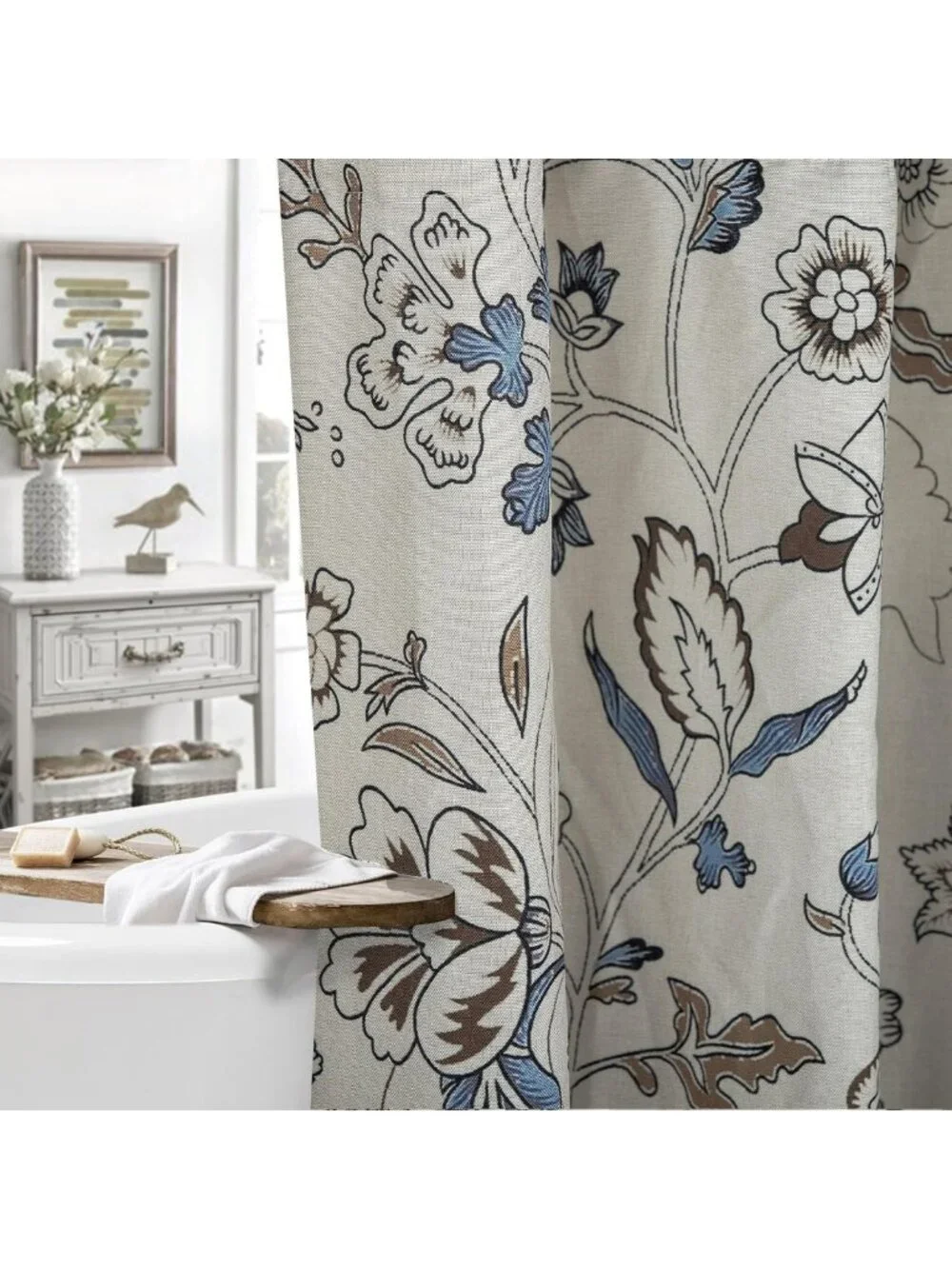 Vintage Farmhouse Linen Shower Curtain | Botanical Floral Boho Bath Decor